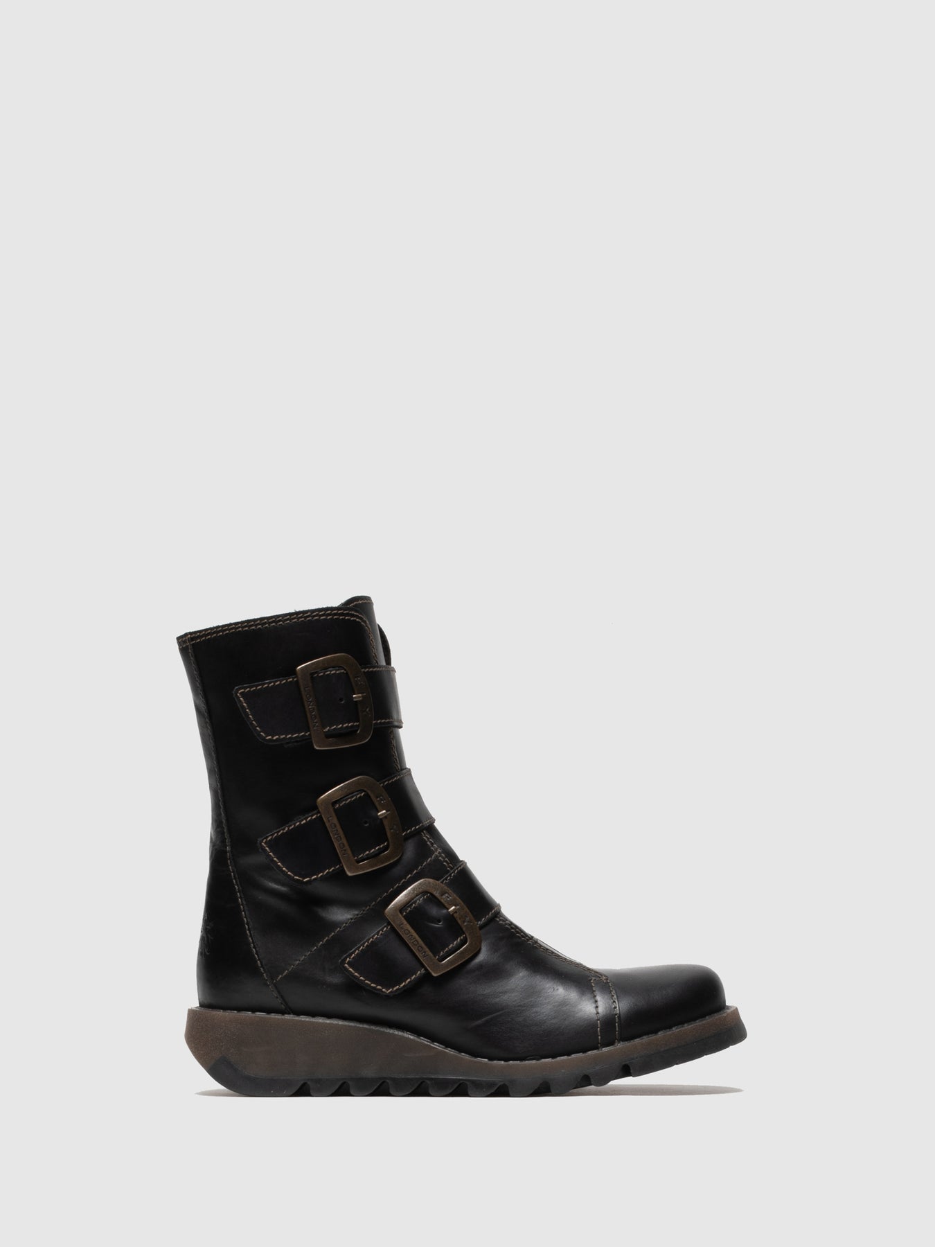 Black Leather Fly London Buckle Boots Women\'s Ankle Boots | 384192MDA