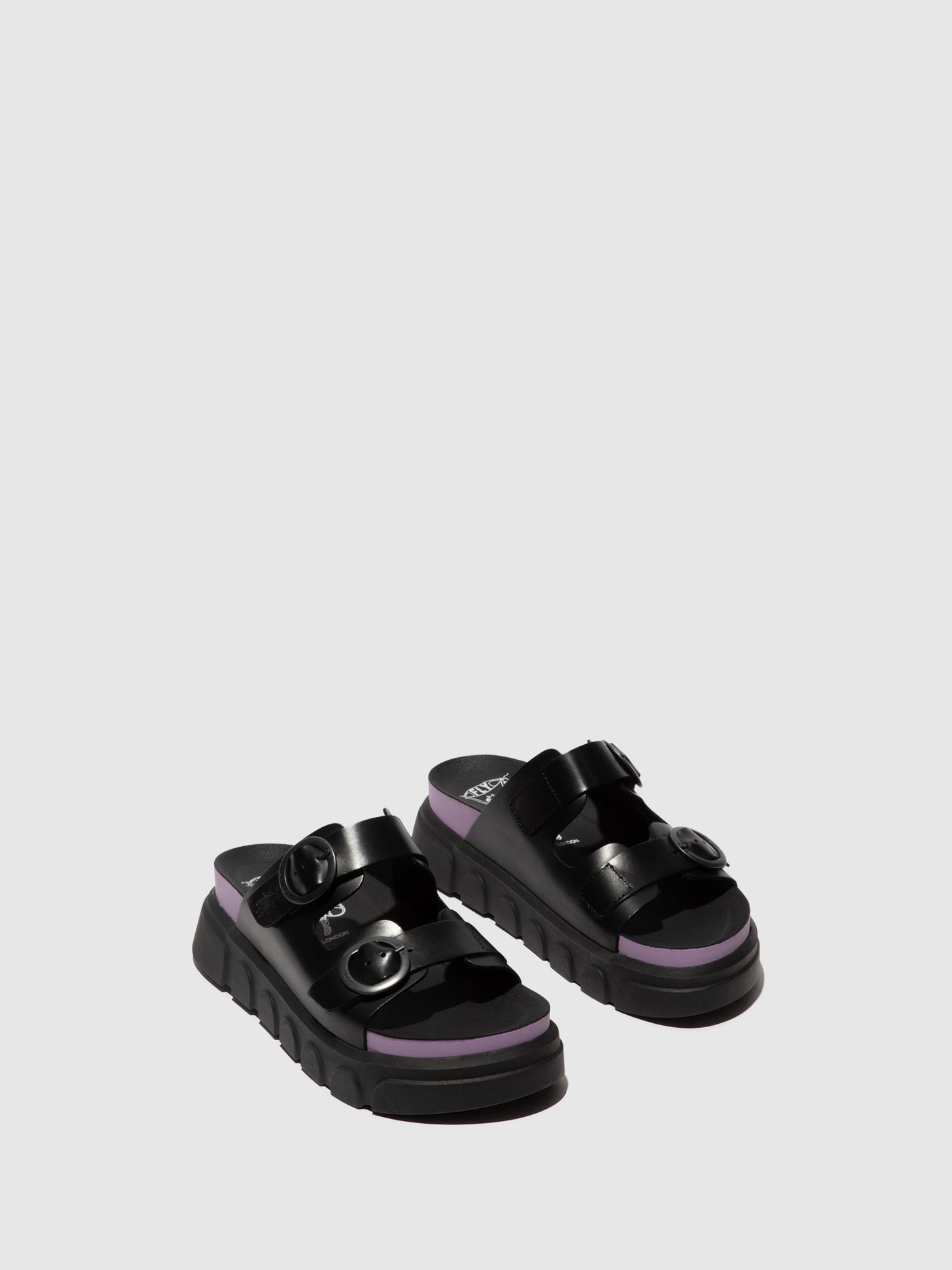 Black (Violet) Fly London Buckle Women's Mules | 604589AFH