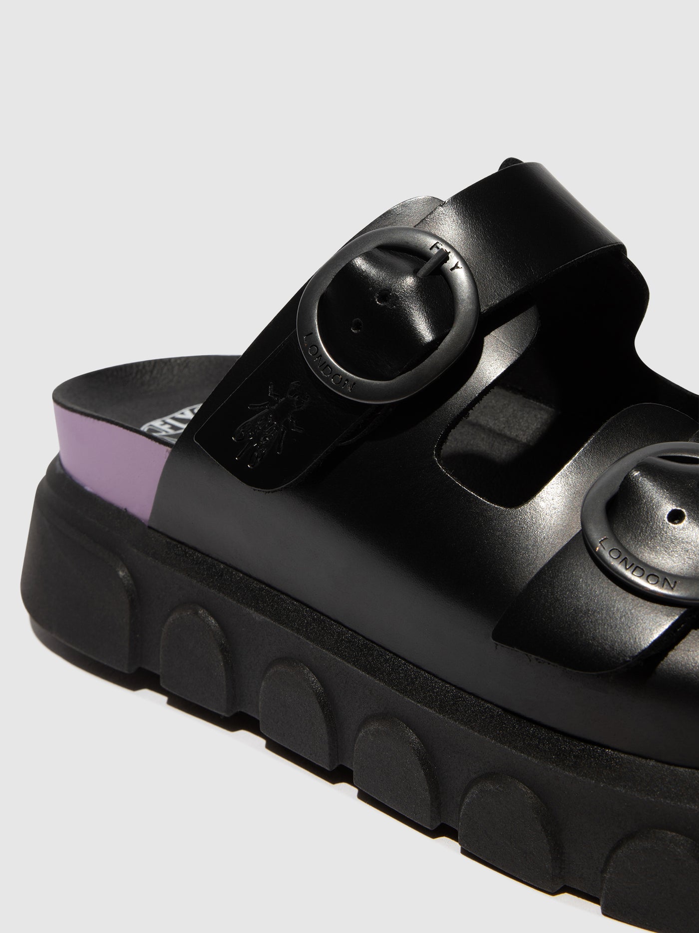 Black (Violet) Fly London Buckle Women's Mules | 604589AFH