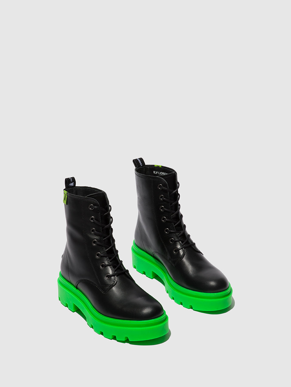 Nausica Black (Green Sole) Fly London Lace-up Boots Women's Ankle Boots | 231954BSE