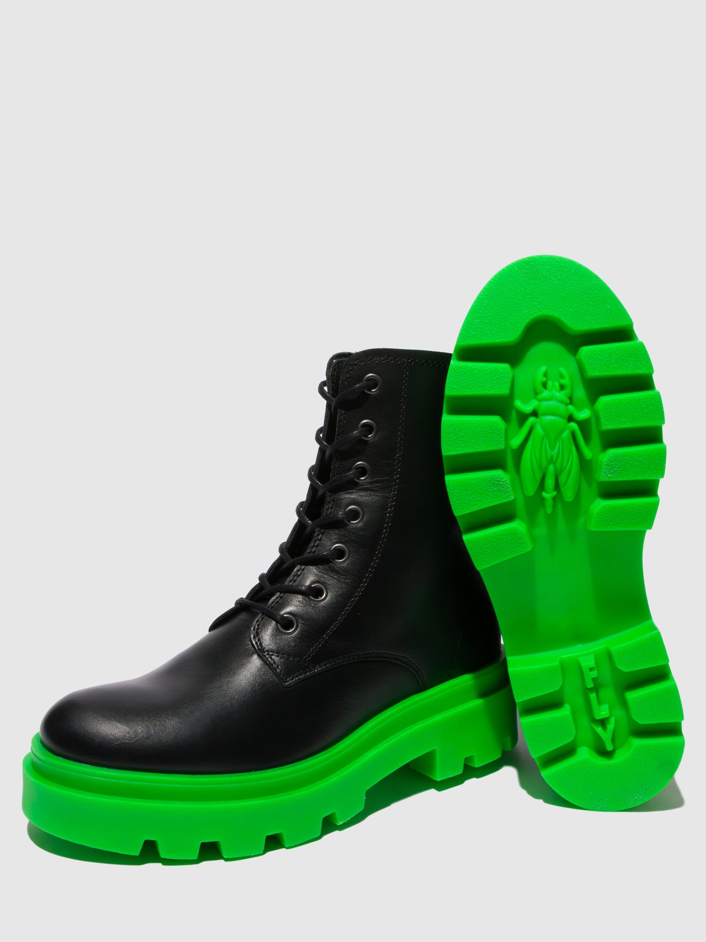 Nausica Black (Green Sole) Fly London Lace-up Boots Women's Ankle Boots | 231954BSE