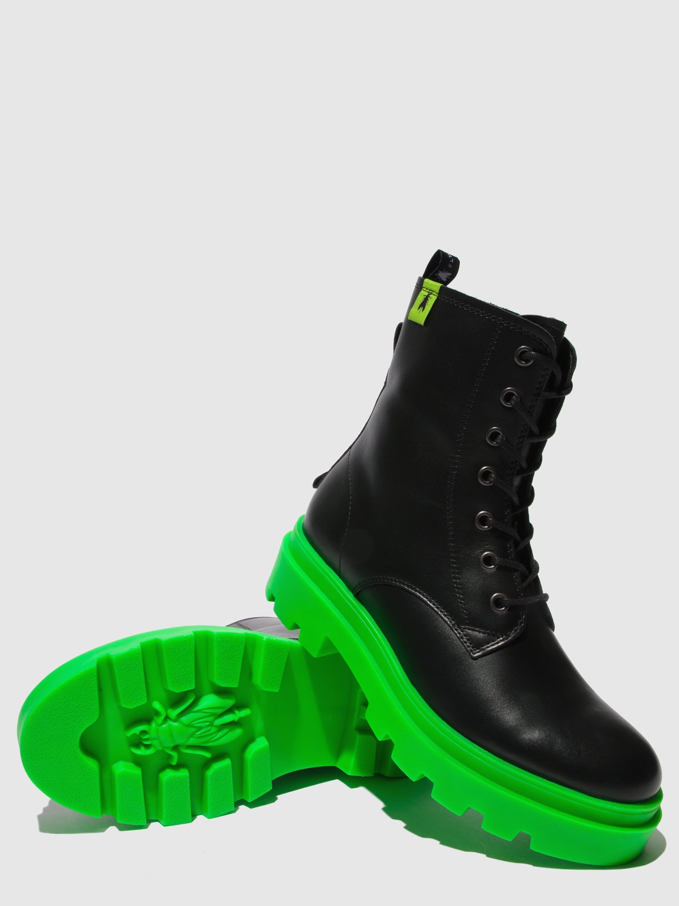 Nausica Black (Green Sole) Fly London Lace-up Boots Women's Ankle Boots | 231954BSE