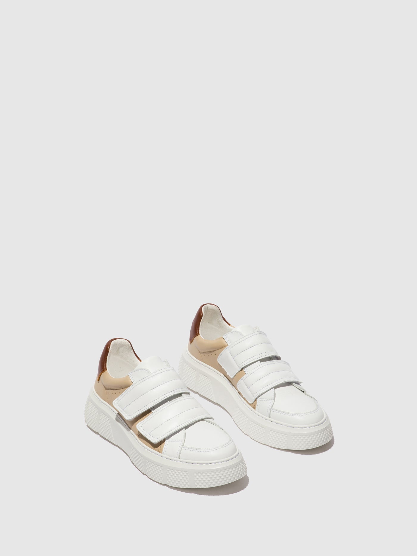 White/Beige/Cognac Fly London Velcro Men's Sneakers | 186905OGP